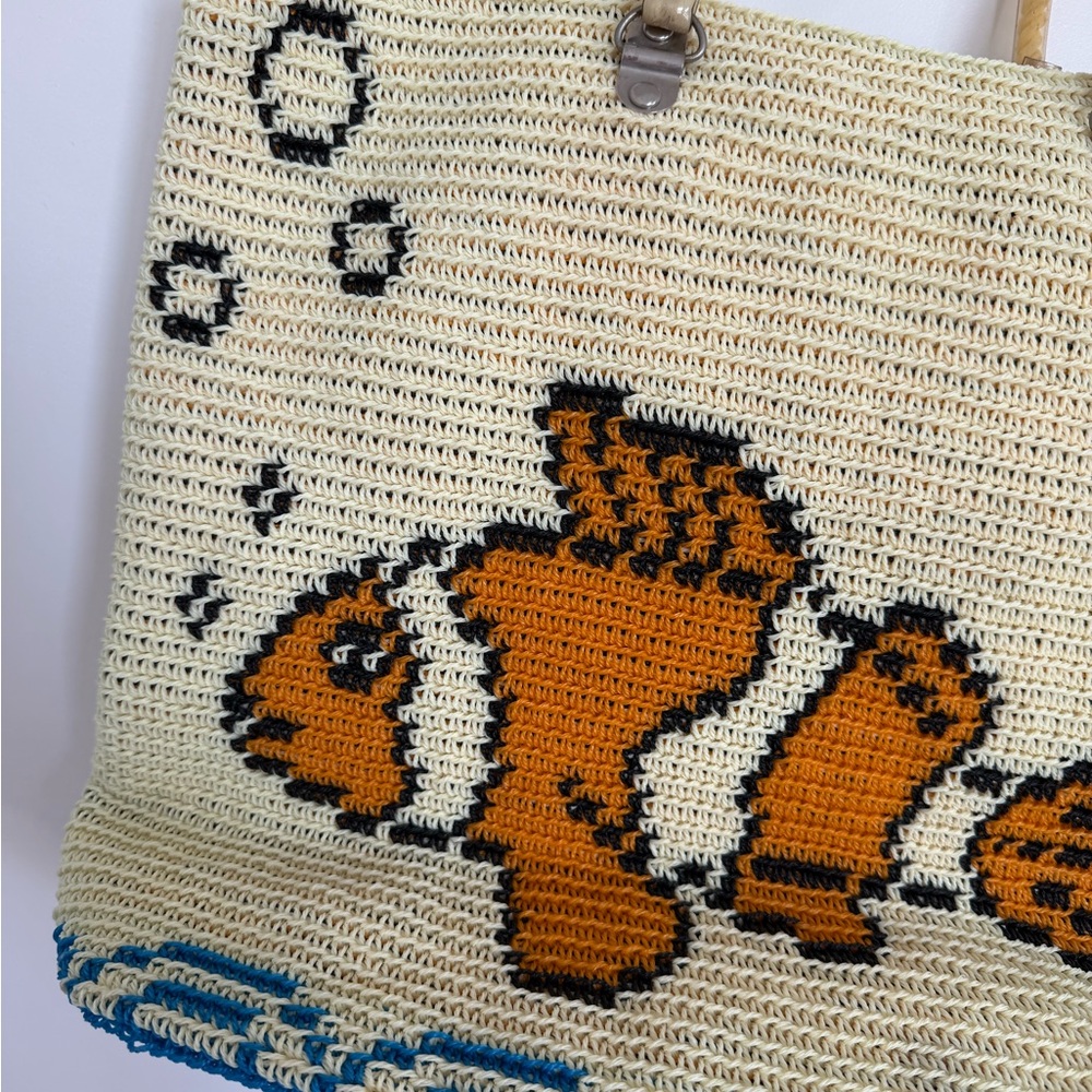 Vintage Handmade Crochet Fish Design Tote Bag - Cream and Orange - Picture 2 of 5